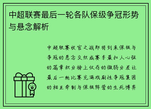 中超联赛最后一轮各队保级争冠形势与悬念解析