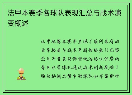 法甲本赛季各球队表现汇总与战术演变概述